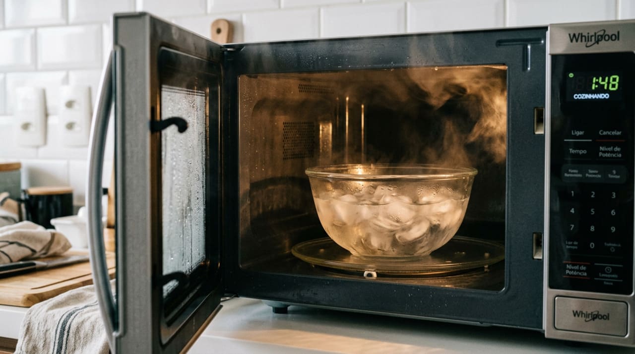O truque do gelo consiste em aquecer cubos de gelo em um recipiente próprio para micro-ondas até que se transformem em vapor