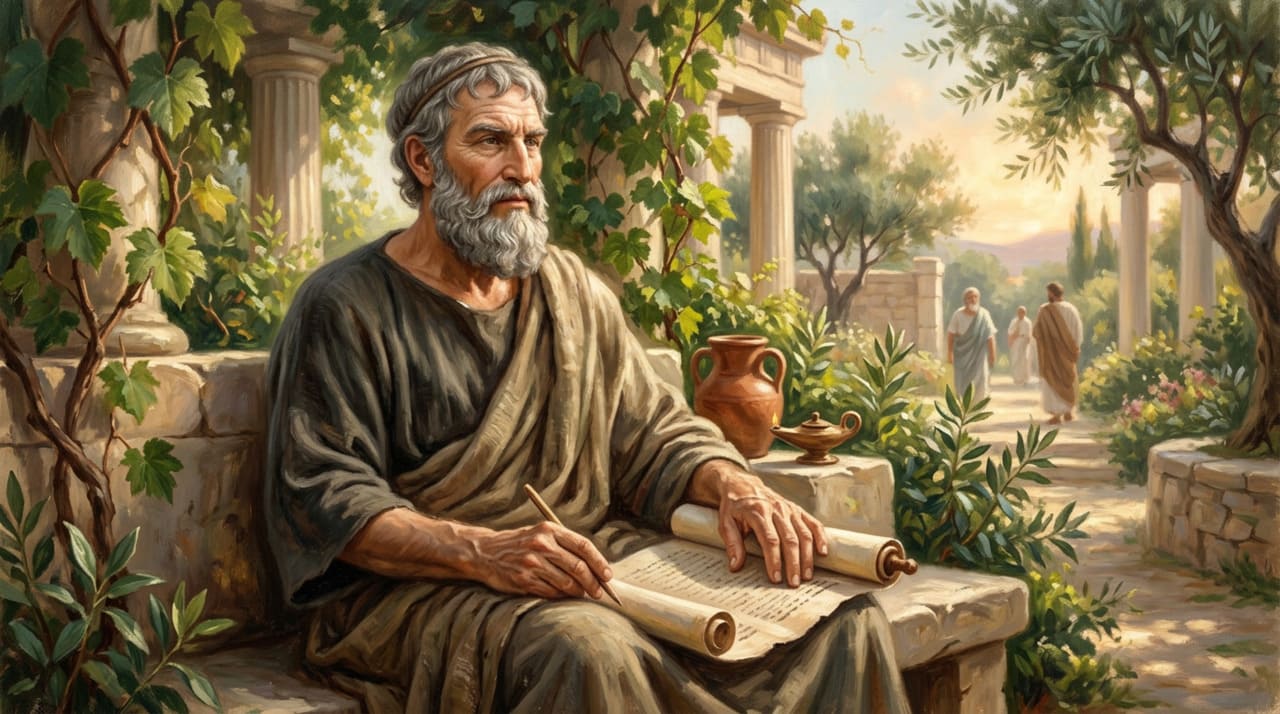 O pensamento de Epicuro sugere que a verdadeira riqueza não está no acúmulo de bens, mas na capacidade de ser feliz com o que é essencial para o bem-estar.