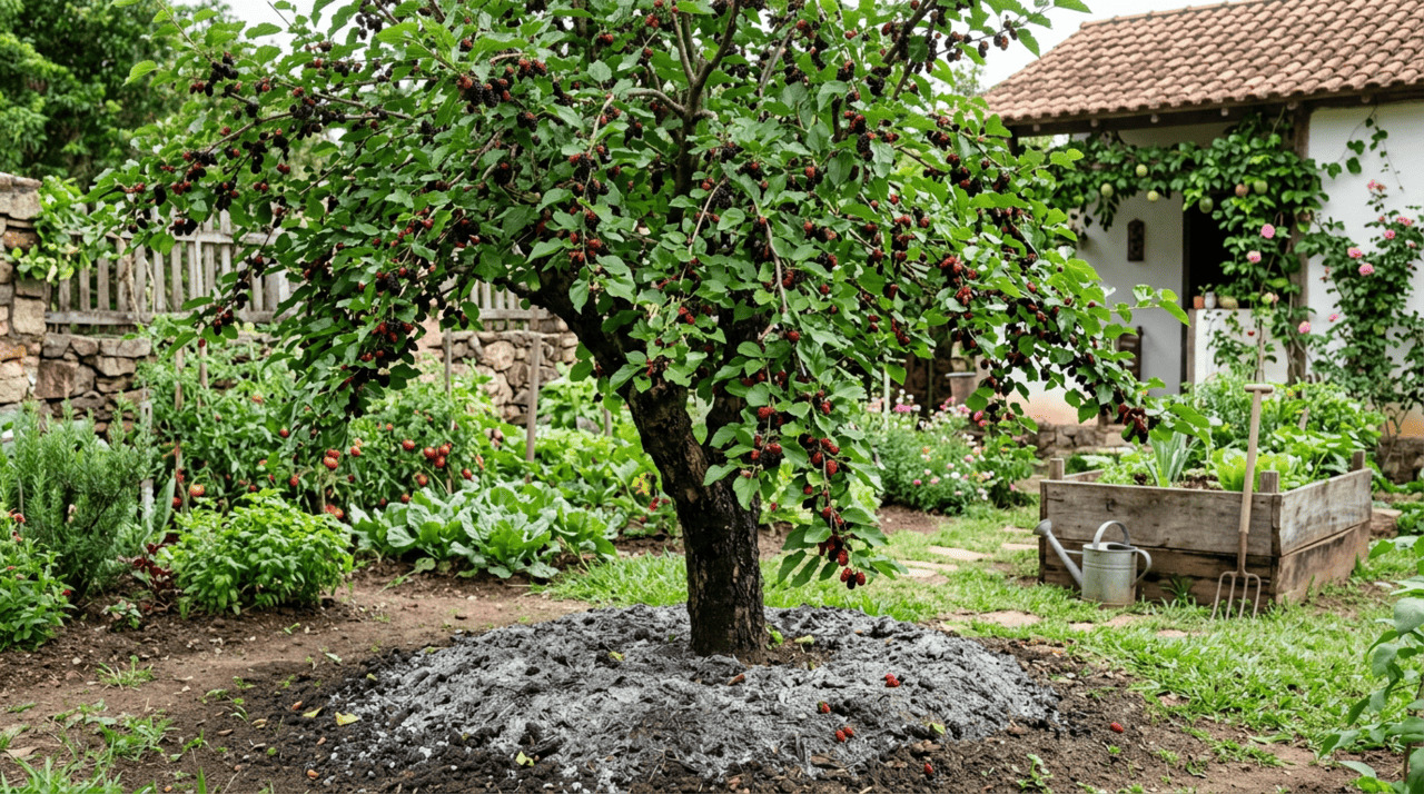 O uso desse material orgânico no pé das árvores promove um aporte imediato de potássio natural