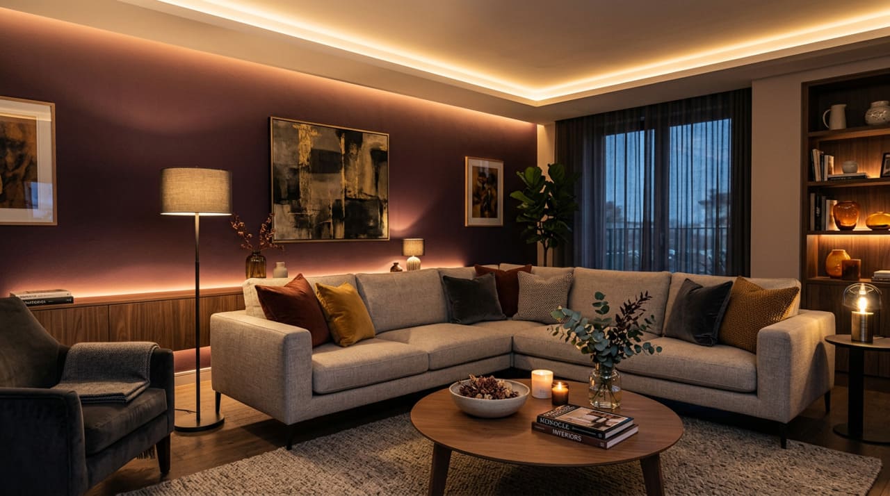 A transição de um ambiente totalmente claro para tonalidades mais densas exige sensibilidade para entender como a luz natural interage com as superfícies ao longo do dia