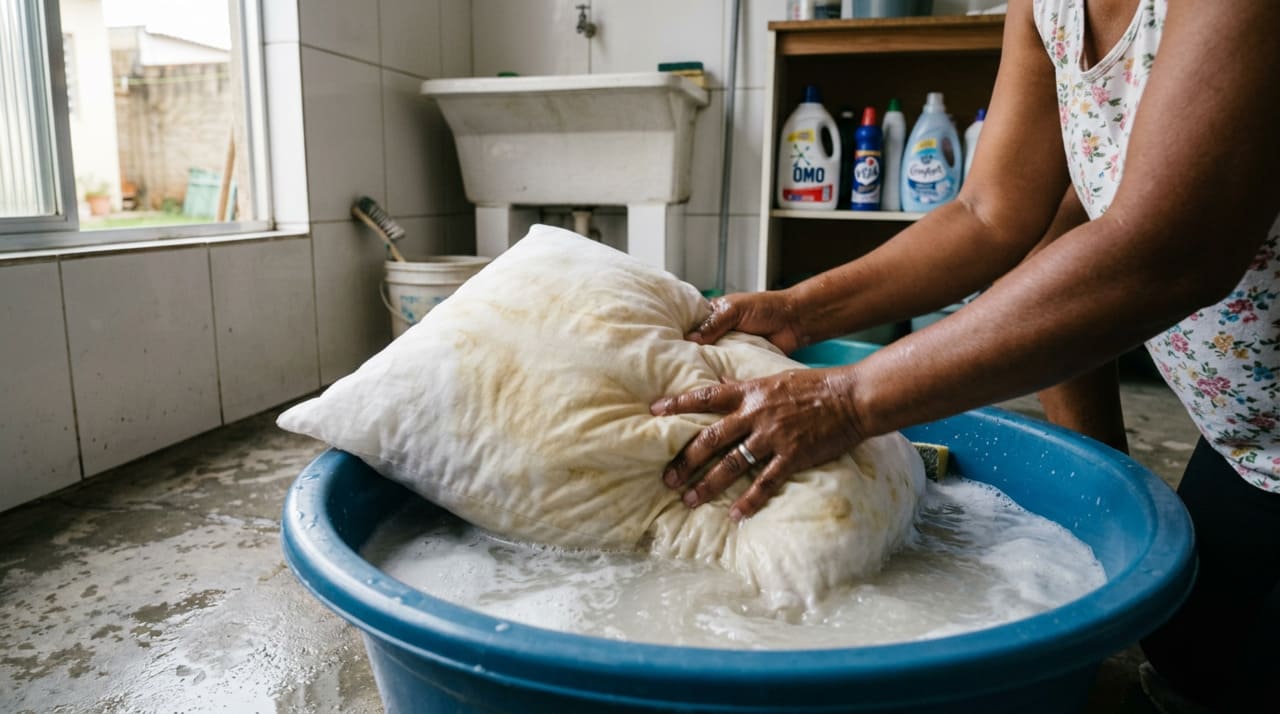 Não é alvejante. Deixar o travesseiro de molho ‘nisso’ por 2 horas remove o amarelado que nem a máquina de lavar tira