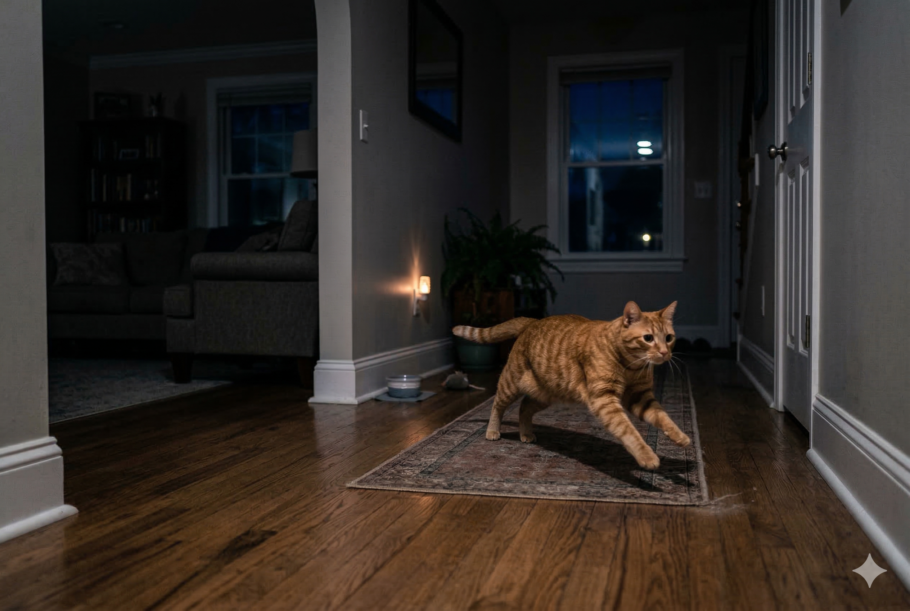 Muitos tutores relatam que seus gatos começam a correr pela casa de madrugada, pulando móveis e atravessando corredores em alta velocidade