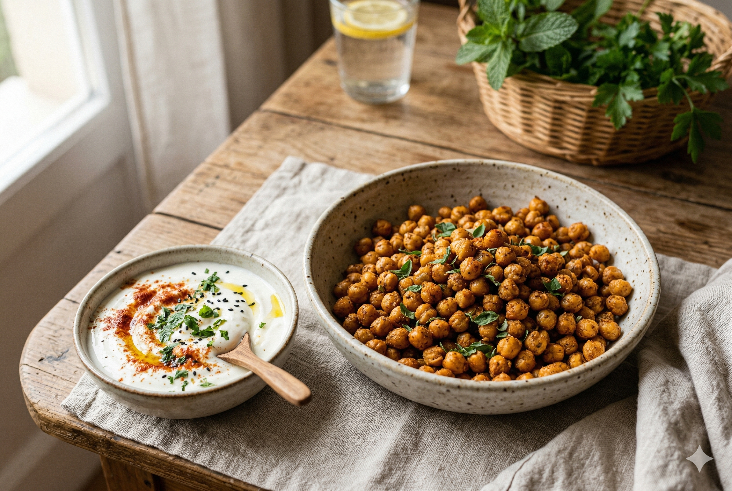 Grão-de-bico crocante e delicioso com molho de iogurte e páprica