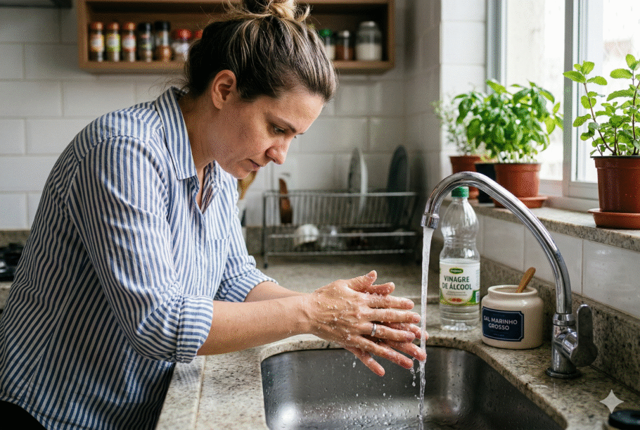 A mistura de vinagre com sal ajuda a esfoliar as mãos, além de eliminar microrganismos