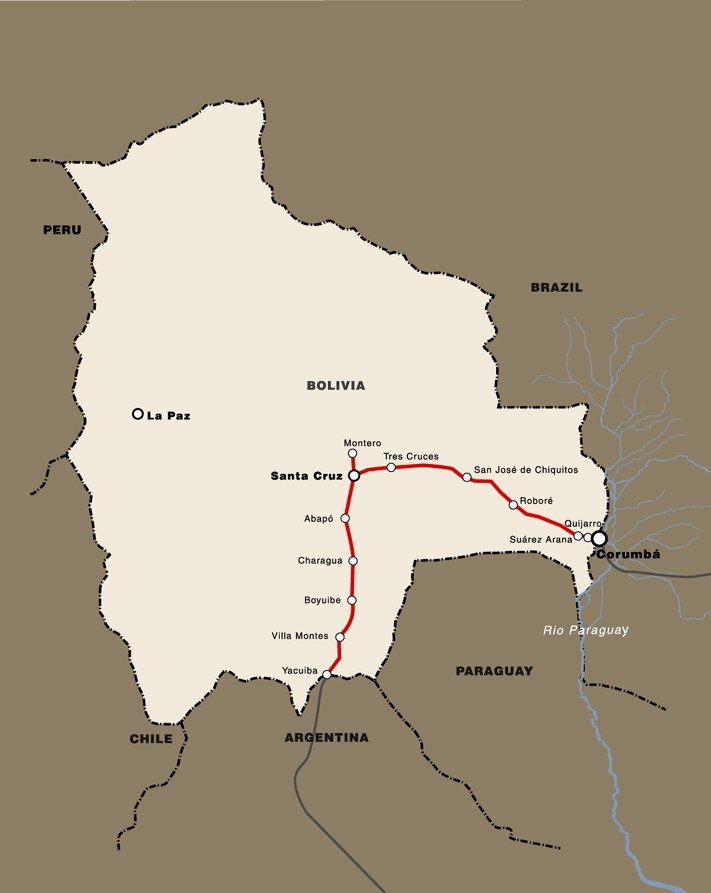 Mapa do Trem da Morte, que liga Santa Cruz de la Sierra e Puerto Quijarro, na divisa com Corumbá (MS)