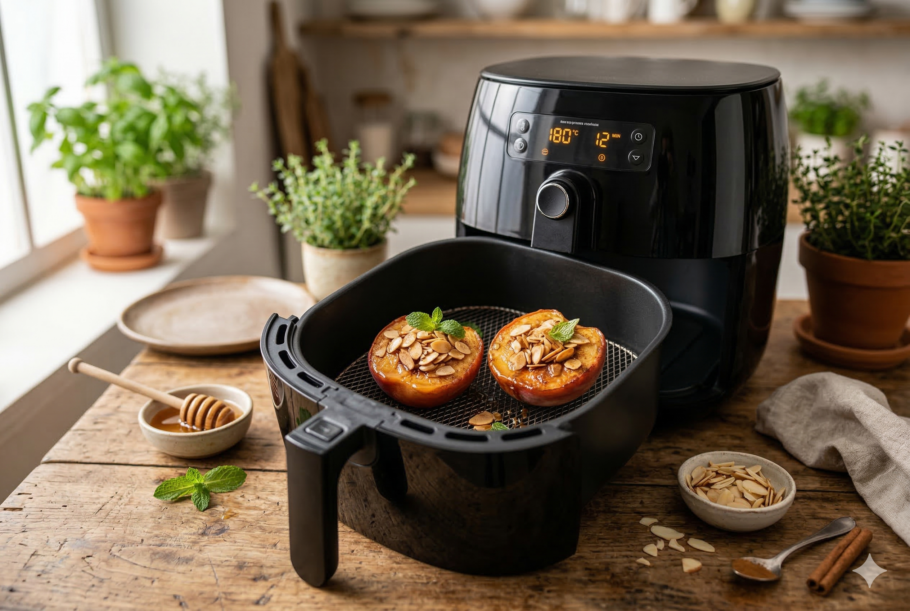 Aprenda a preparar pêssego assado na airfryer com melado e amêndoas