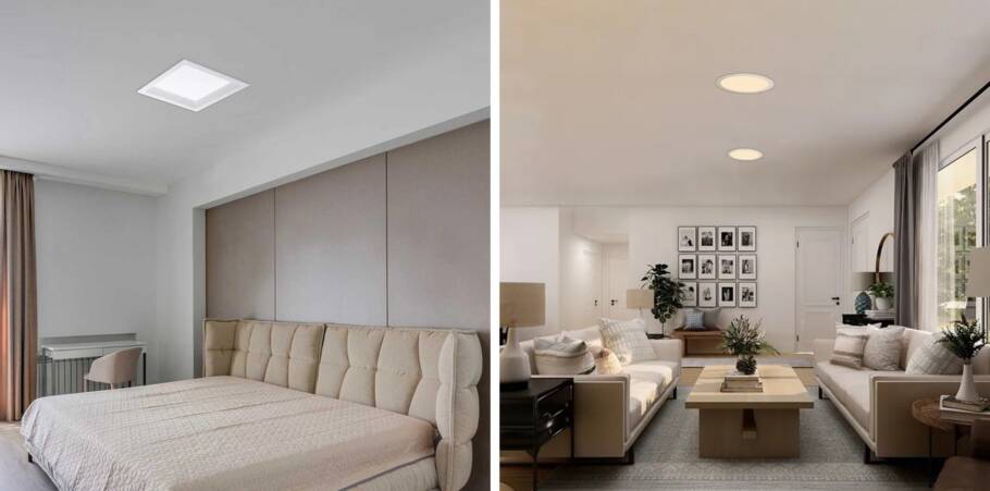 Exemplos de plafons de embutir com efeito de luz difusa, das marcas Stella e Yamamura Collection, respectivamente