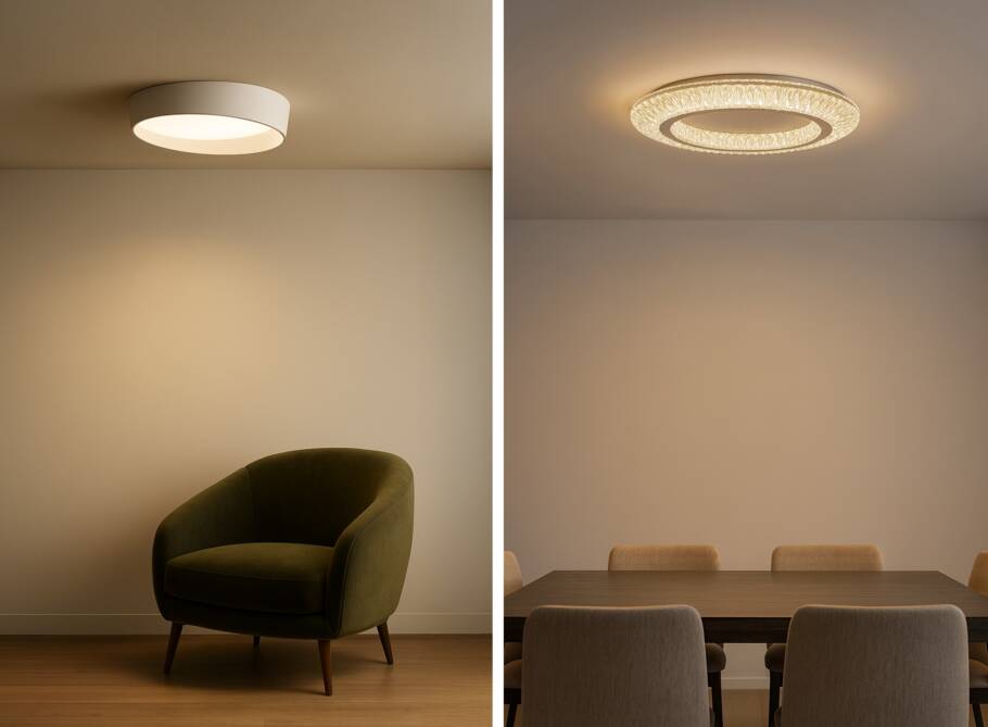 Plafons de sobrepor com efeito de luz difusa, dos modelos Crater e Glaces, da Yamamura Collection