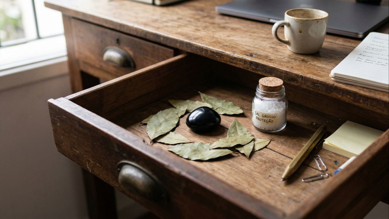 Sal grosso, louro e ônix promovem proteção e prosperidade no trabalho.