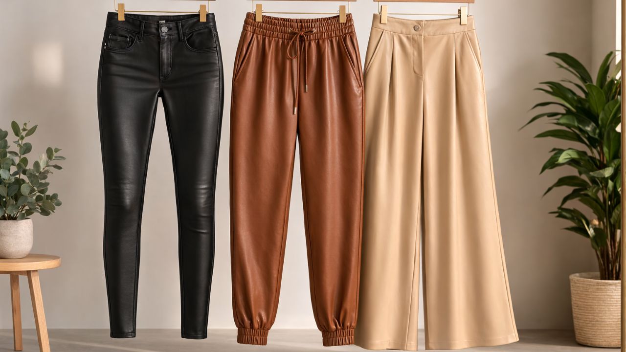 Calças de couro em cores neutras e cortes variados garantem versatilidade.