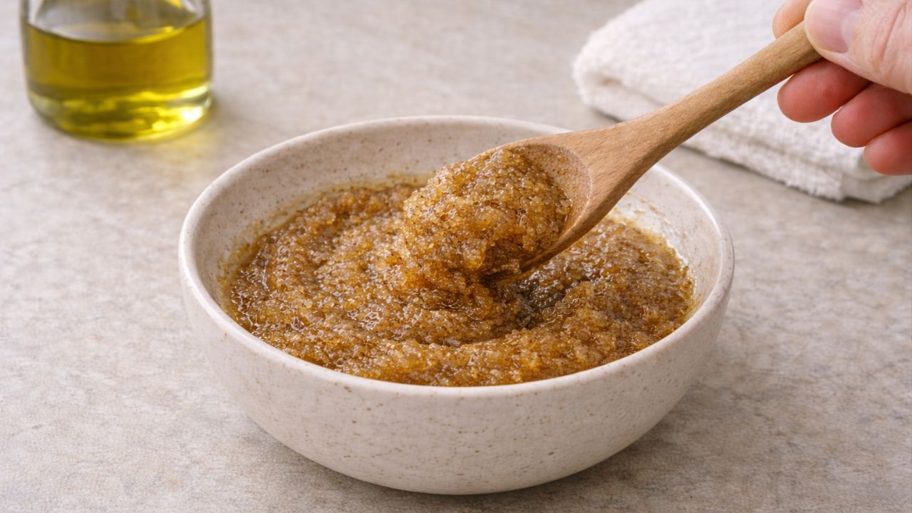 Misture óleo vegetal e açúcar para um esfoliante labial caseiro firme e suave.