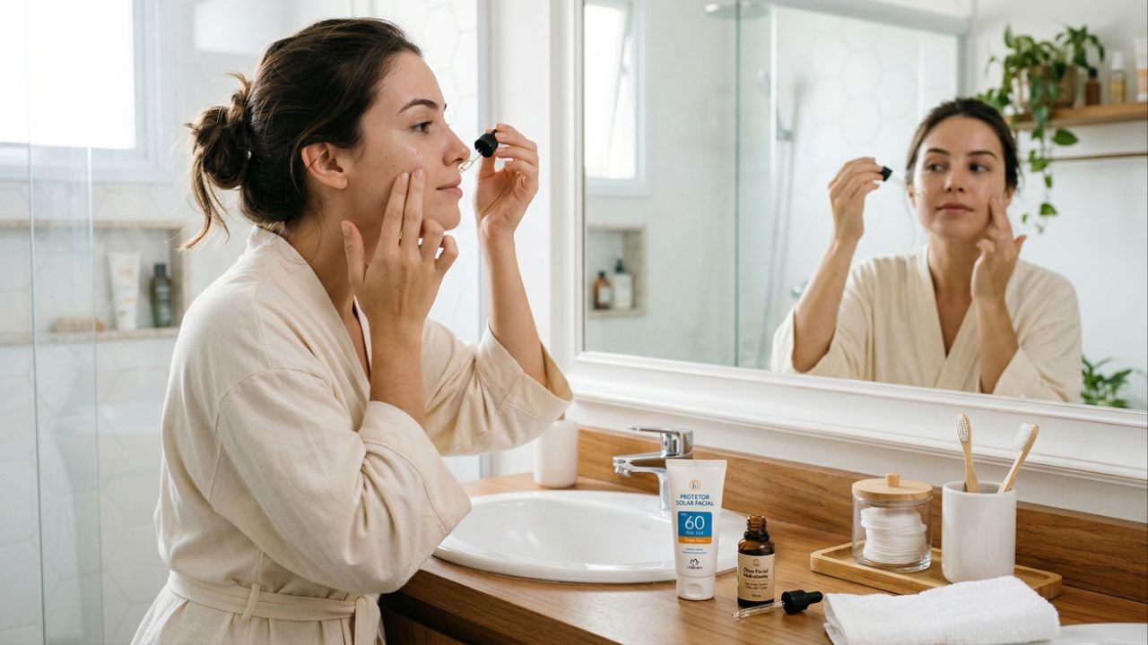 A aplicação noturna de óleos faciais prioriza a absorção e o conforto.