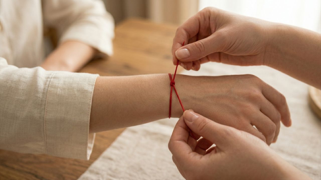 Fita vermelha no pulso esquerdo protege e filtra energias negativas.