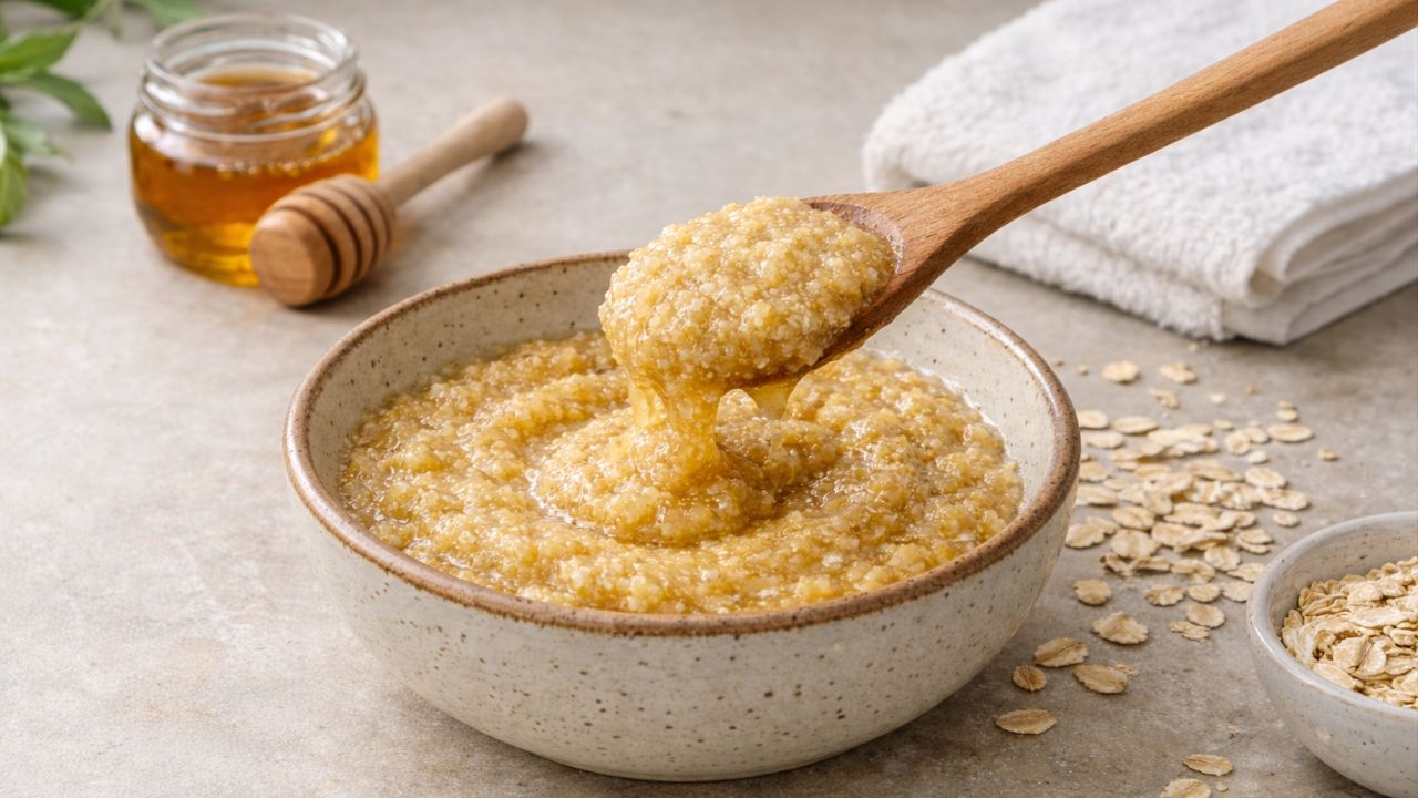 A máscara de aveia com mel acalma e hidrata a pele de forma suave e complementar.