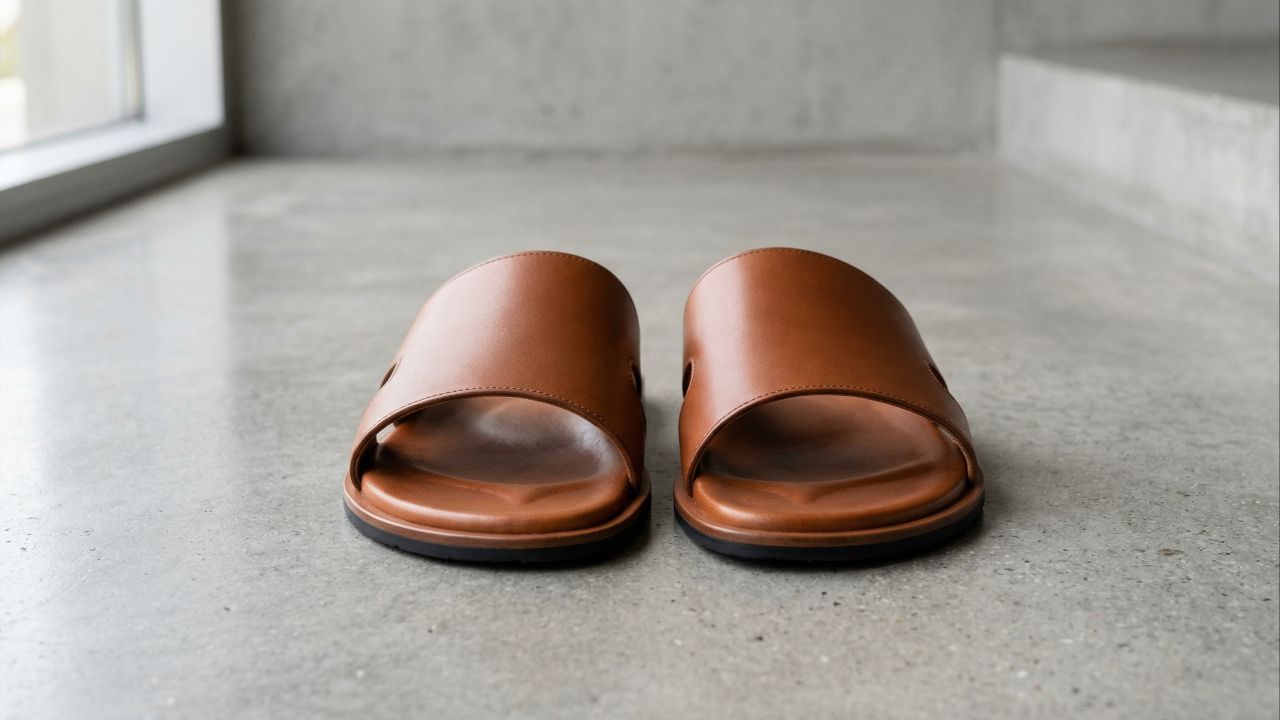 Materiais de qualidade elevam o chinelo minimalista em looks arrumados.