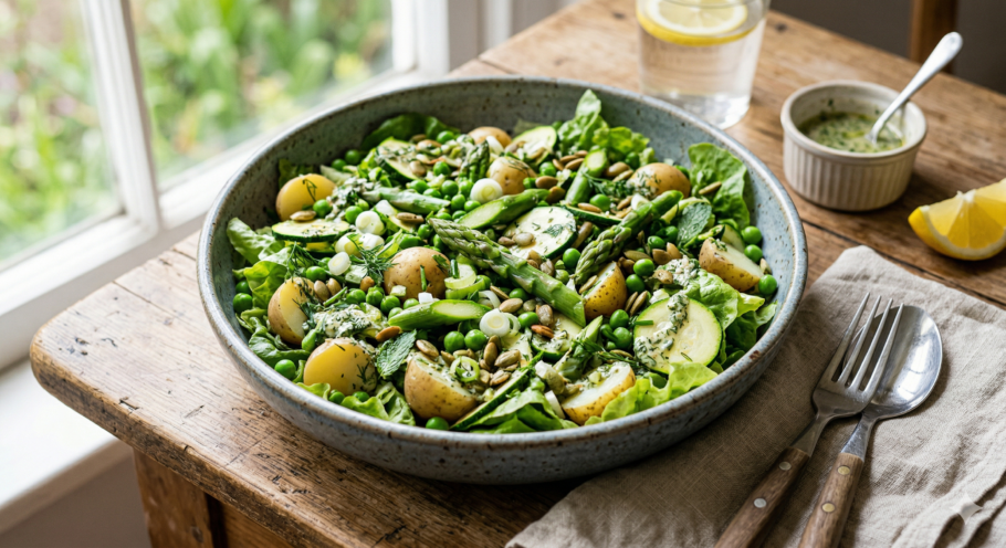 Aprenda a preparar uma salada verde de primavera com molho de ervas frescas