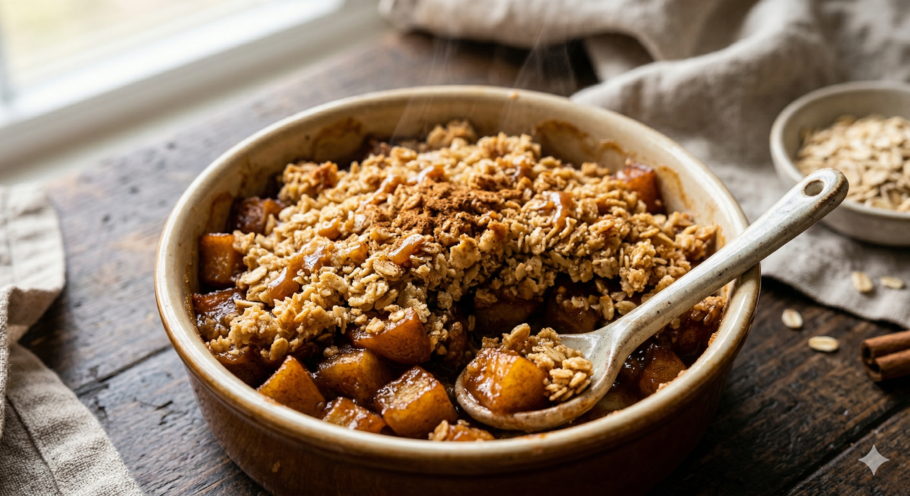 Sobremesa quente de maçã com crocante é uma receita fácil, rápida e perfeita para dias mais frios