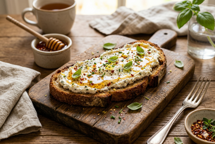 Torrada com ricota e mel com pimenta é uma receita fácil, sofisticada e perfeita para lanches diferentes