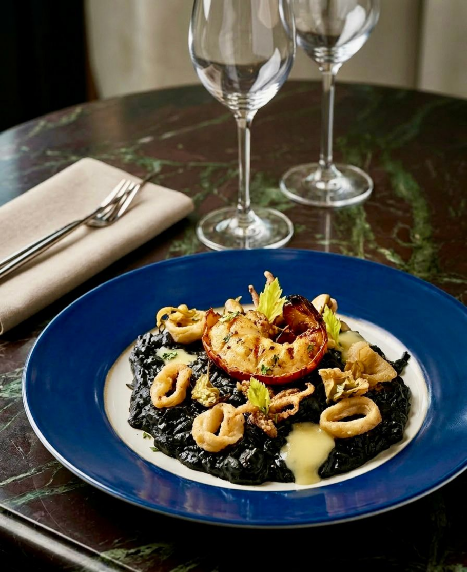 Risoto nero acompanhado de camarões e mexilhões, ao vinho branco e finalizado com cauda de lagosta