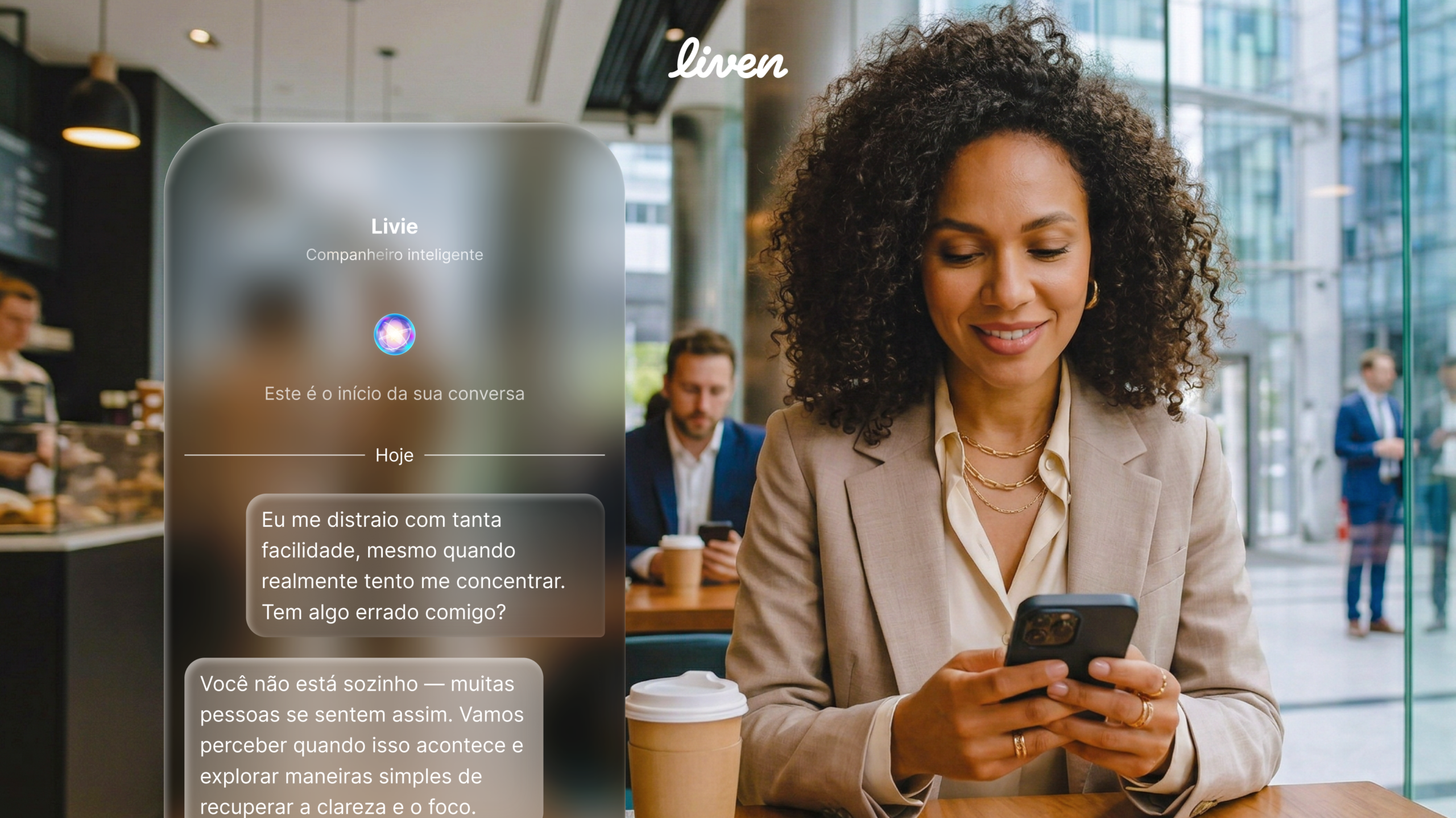 Uma coisa bem legal no The Liven App é a assistente de bem-estar guiada por inteligência artificial. Ela não substitui a terapia, mas pode ser utilizada quando você está sobrecarregada e precisando desabafar urgentemente