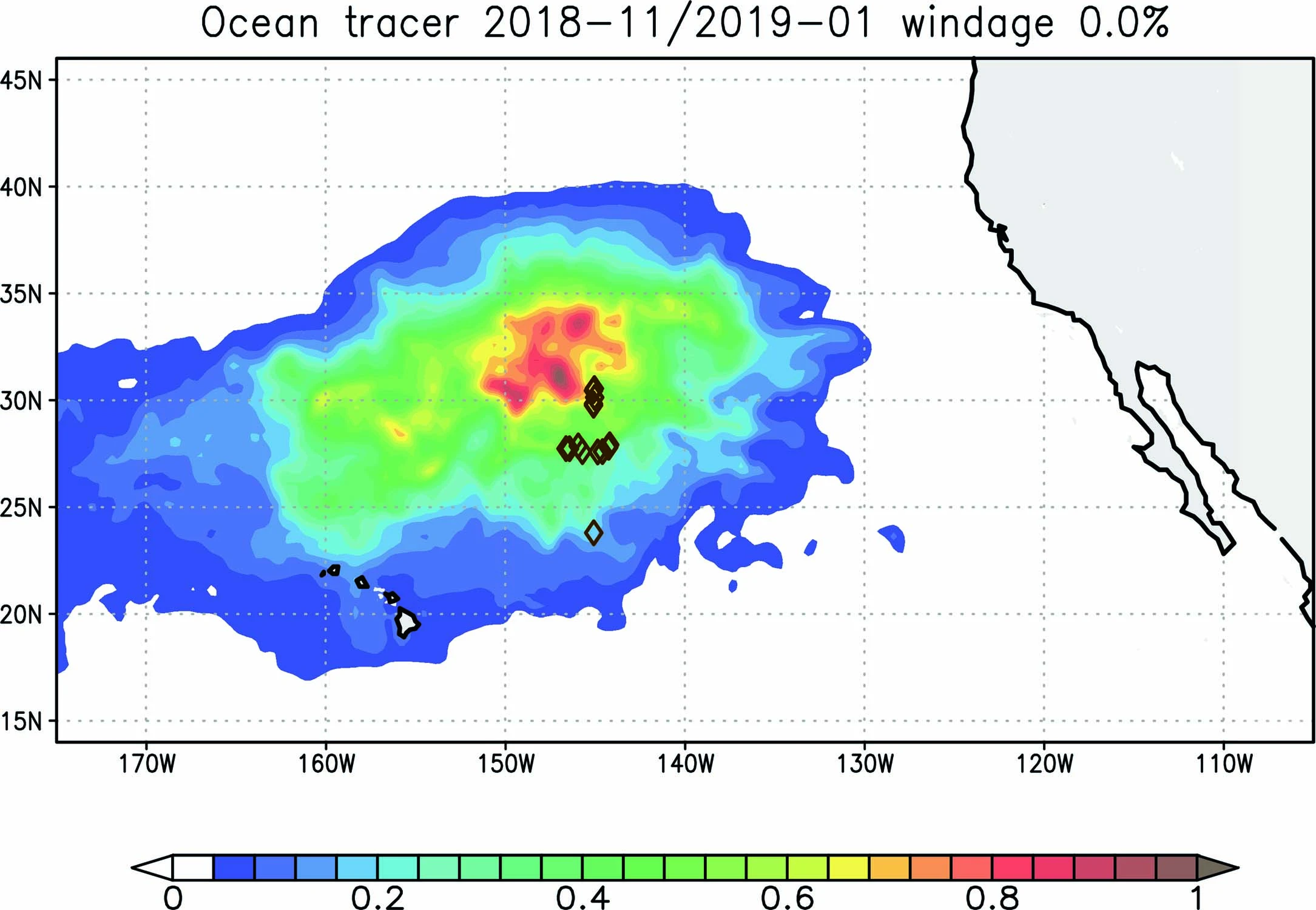 Locais de coleta de detritos, ilustrados como diamantes, no Giro Subtropical do Oceano Pacífico Norte Oriental. O mapa do traçador oceânico subjacente ilustra a concentração prevista de detritos dentro da área de estudo durante o período de coleta, assumindo 0% de vento, com 0 representando baixas concentrações de detritos e 1 representando altas concentrações de detritos.