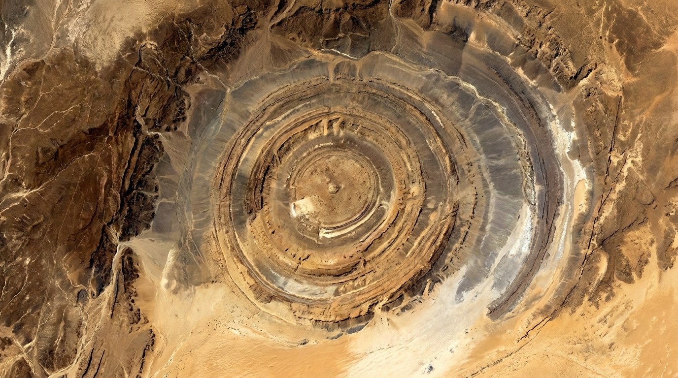 Imagens da Estação Espacial Internacional confirmam que a Estrutura de Richat é um fenômeno natural de camadas concêntricas e não um impacto de meteoro.
