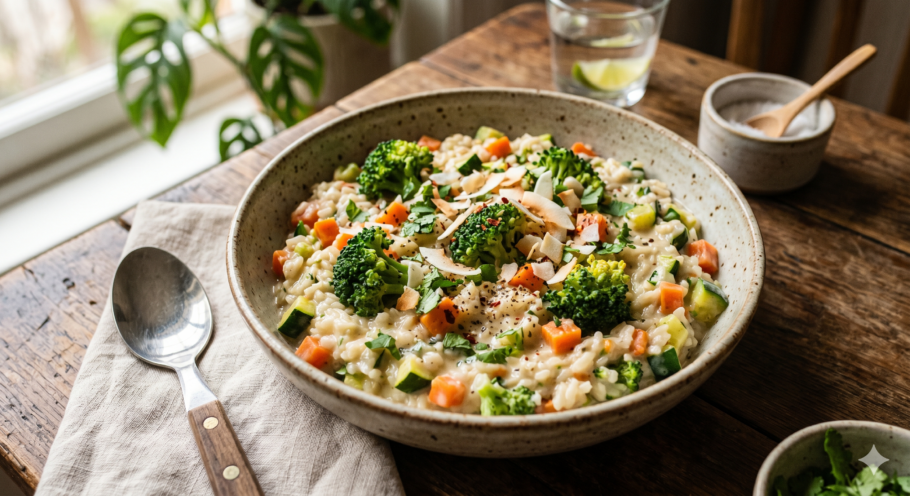 Aprenda a fazer arroz cremoso de coco com legumes, uma receita fácil, saborosa e nutritiva