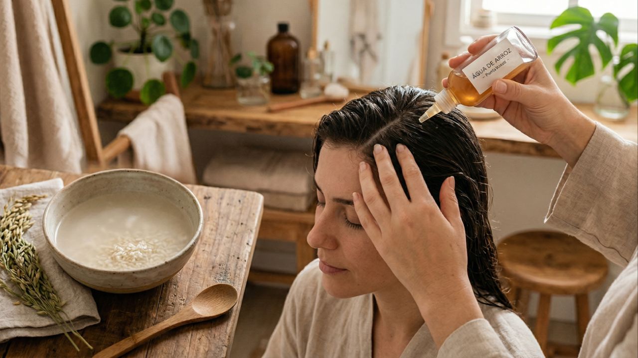 Aplique a água de arroz na raiz, massageie e depois enxágue.