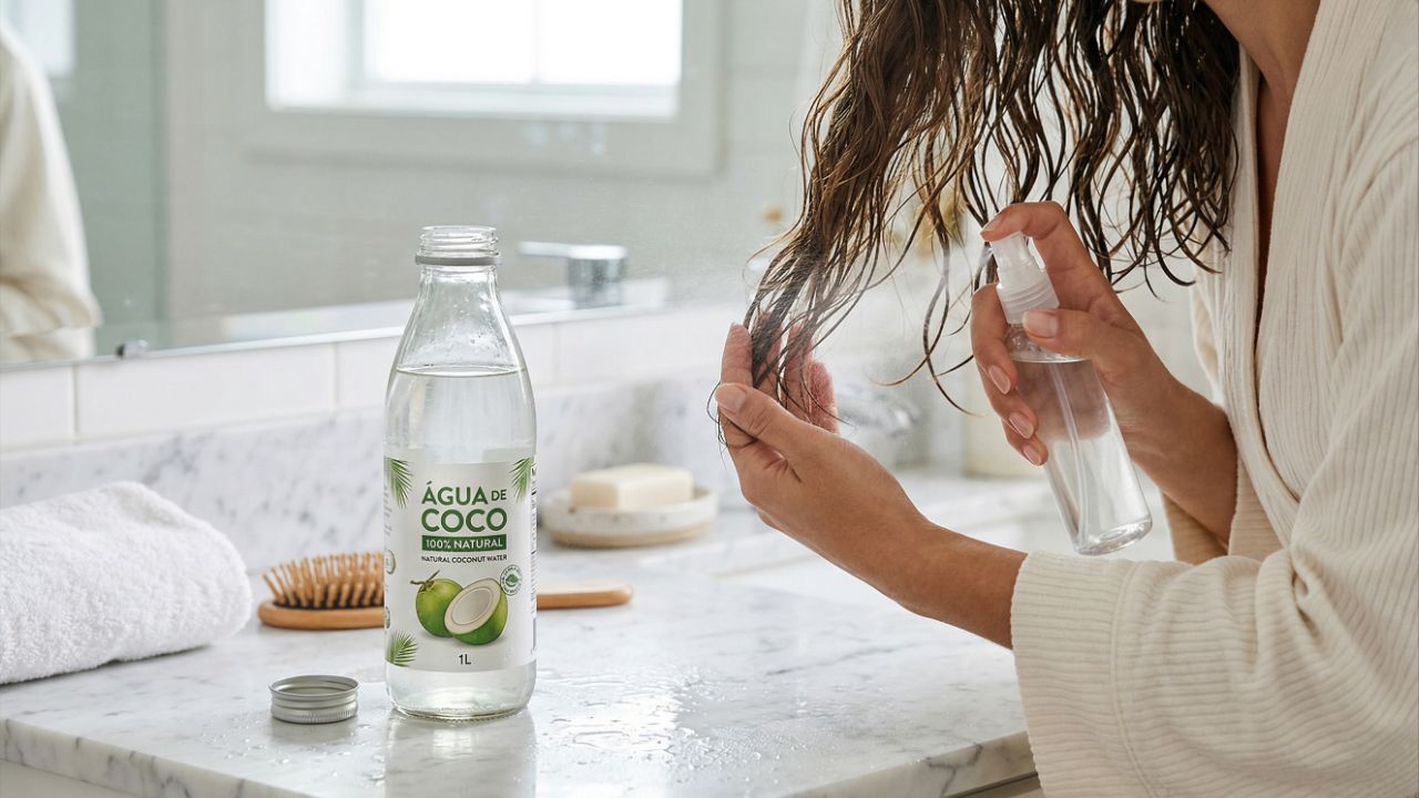 A água de coco garante uma finalização leve com brilho e movimento aos fios.