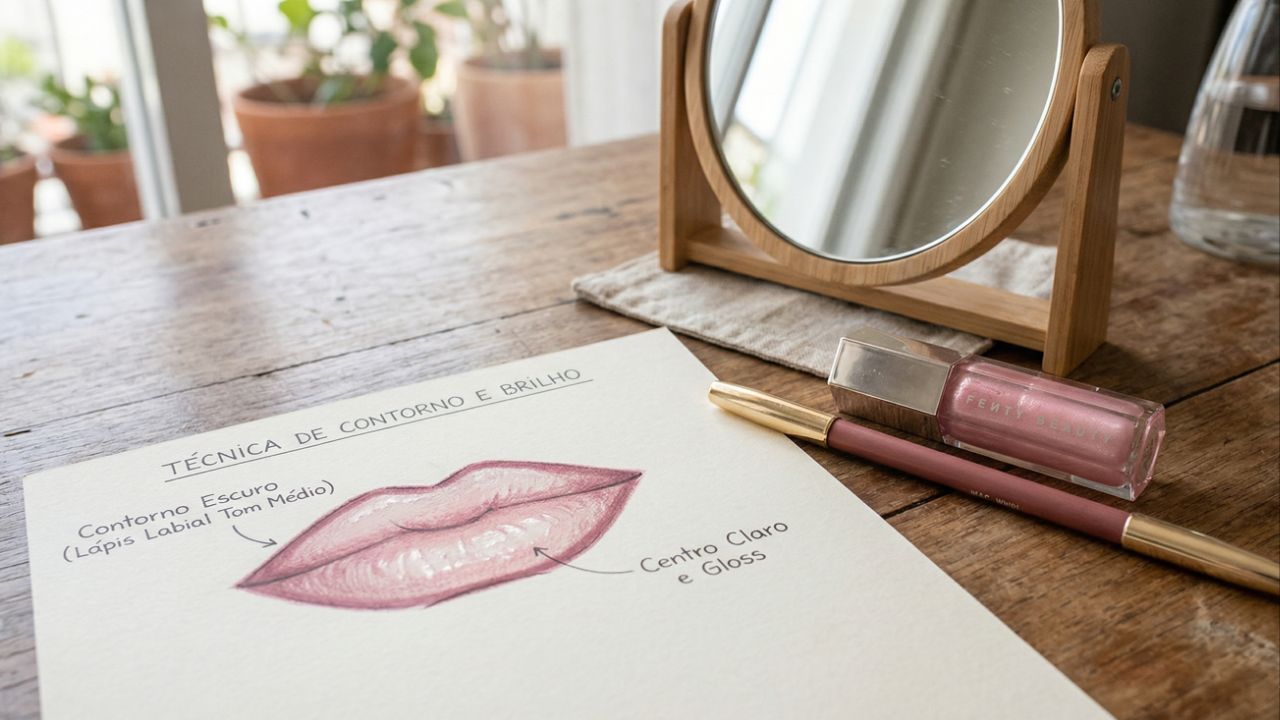 Use luz e sombra com contorno e degradê para criar volume nos lábios.