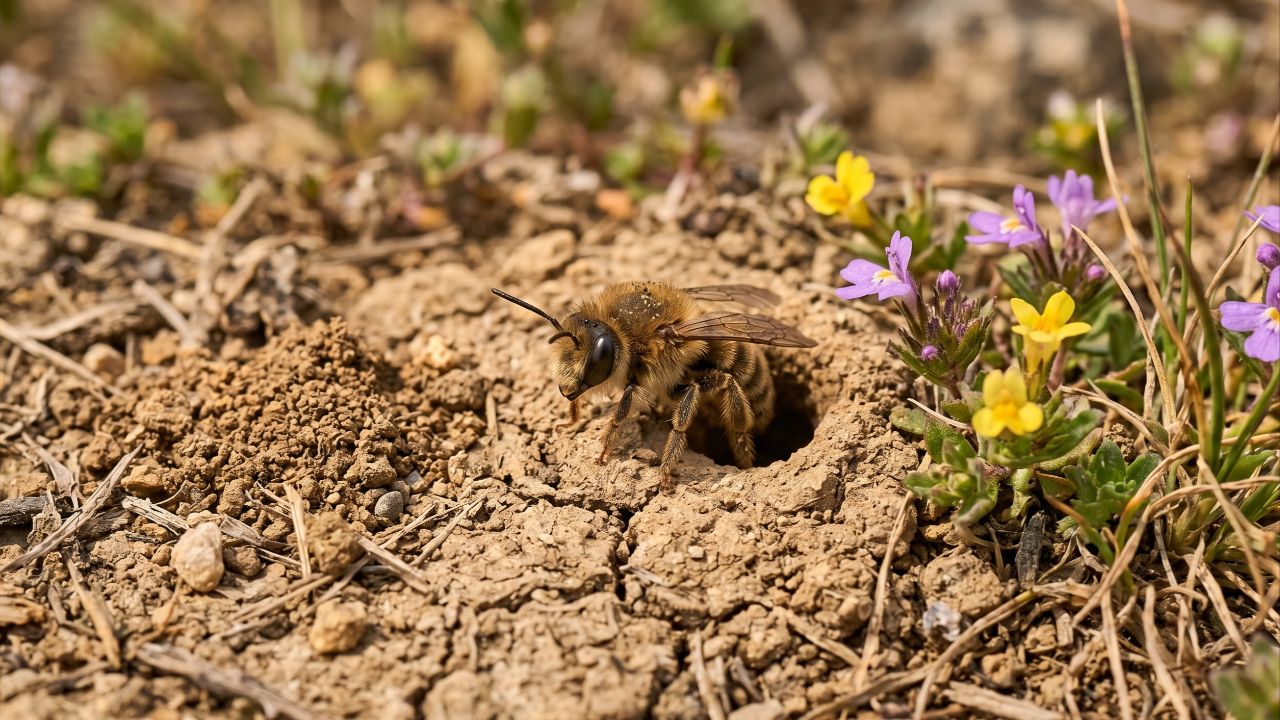 Abelhas de solo têm ciclo breve: na primavera, as fêmeas criam ninhos subterrâneos onde as larvas se desenvolvem protegidas até o próximo ano.