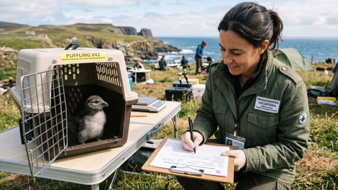 O resgate de pufflings como ciência cidadã fortalece o monitoramento e a conservação dos papagaios-do-mar.