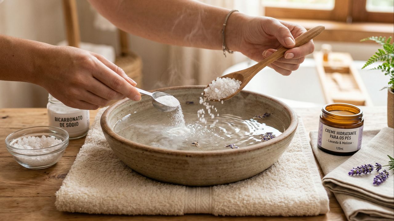 O escalda-pés com sal e bicarbonato é um ritual simples para relaxar e cuidar da saúde dos pés.