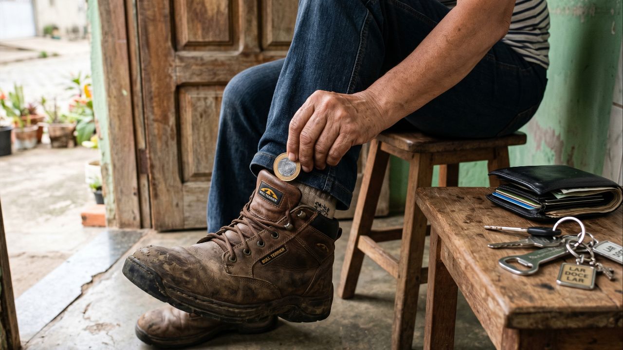 A prática da moeda no calçado simboliza o progresso financeiro e a intenção de atrair prosperidade.