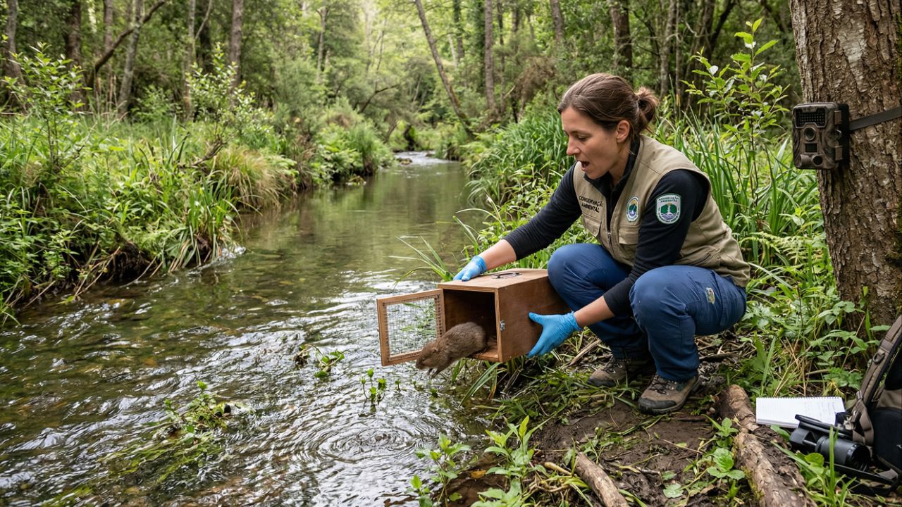 Projetos de reintrodução recuperam habitats e monitoram populações de rato-d’água.