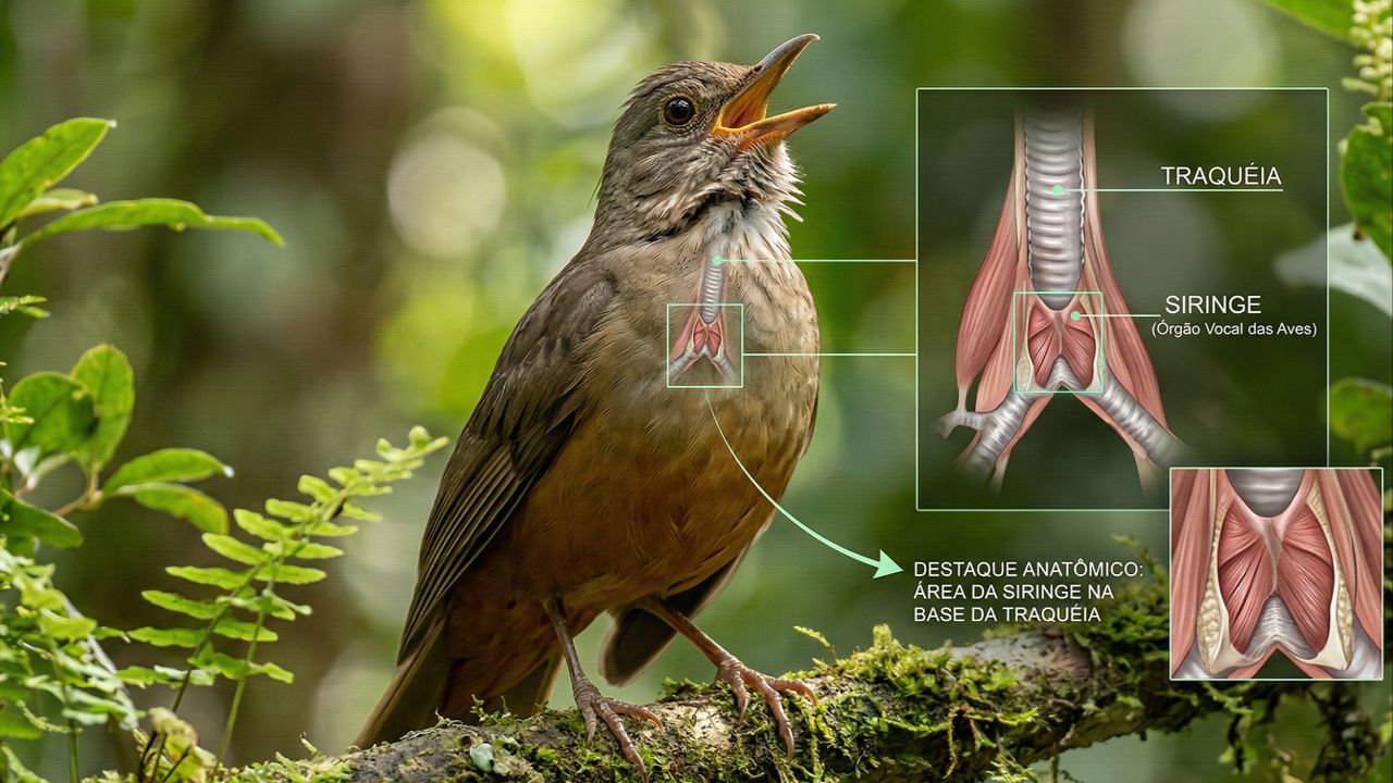 A siringe utiliza membranas e músculos para produzir e controlar a complexa diversidade de sons das aves.