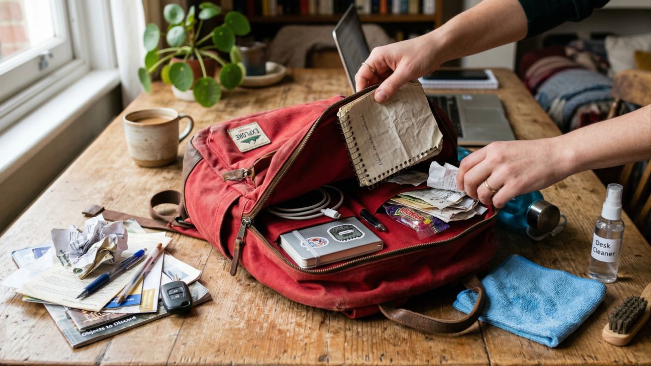 A fita vermelha na mochila, aliada à limpeza e organização, simboliza proteção e renovação de energias.