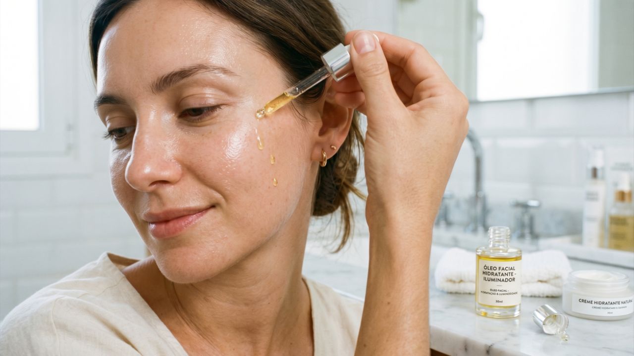 Finalize com óleo facial para selar a hidratação.