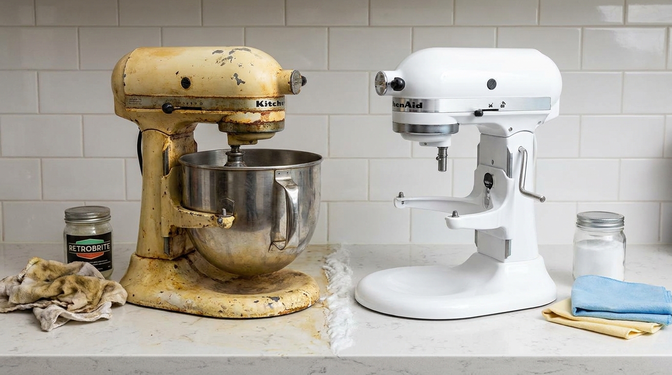 A restauração com água oxigenada e luz solar devolve o branco original aos aparelhos da cozinha.