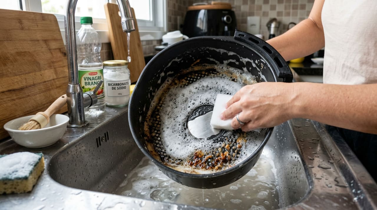 O método mais eficiente para o cesto e a bandeja da air fryer combina a ação abrasiva suave do bicarbonato de sódio