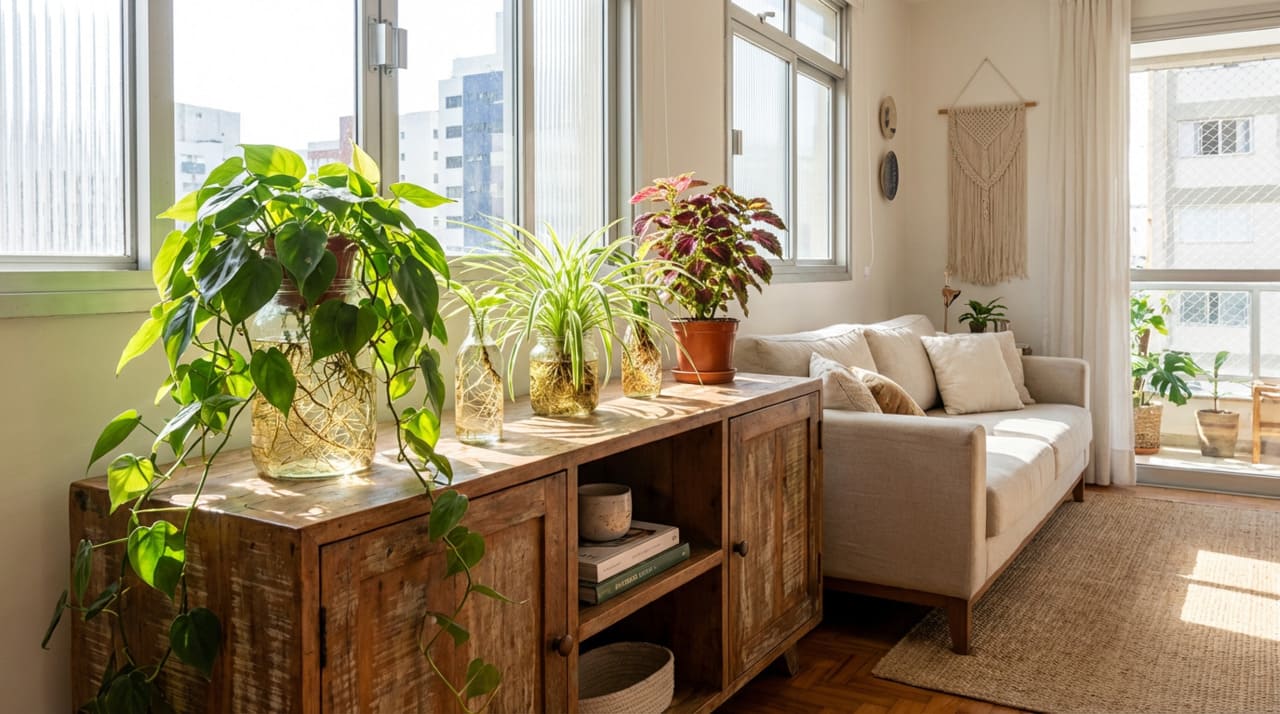 O filodendro é perfeito para prateleiras altas, estantes e topos de armário