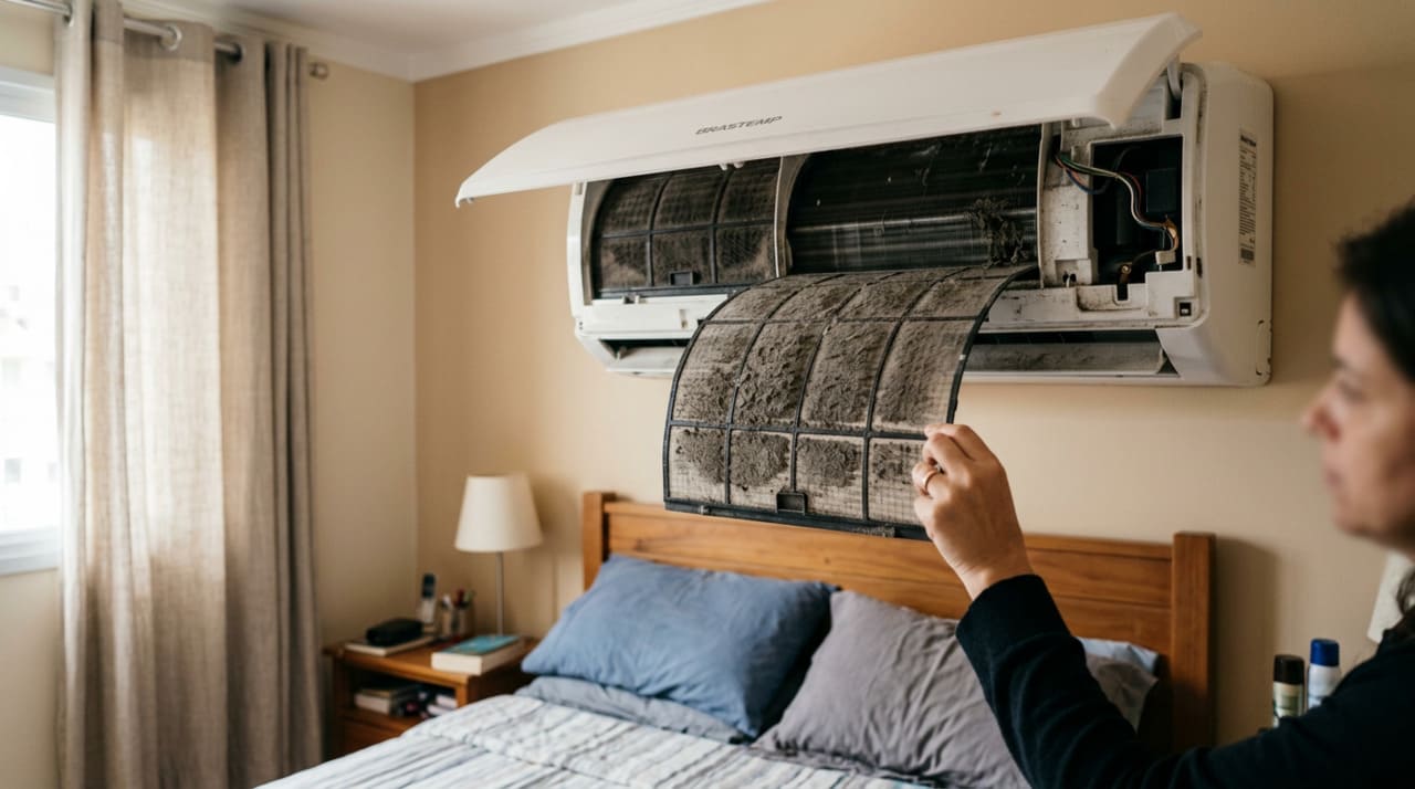 A evaporadora acumula resíduos que interferem na aerodinâmica interna, provocando ruídos de trepidação