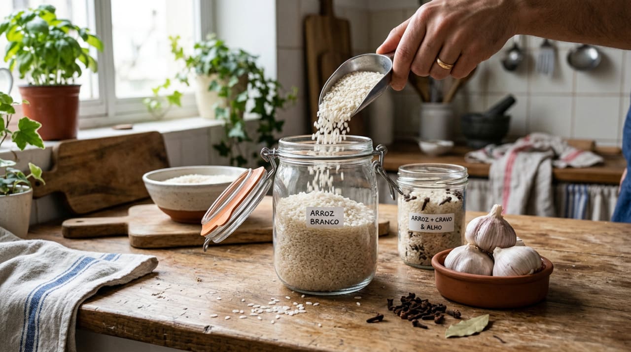 O passo mais importante para armazenar arroz com segurança é transferi-lo da embalagem original para um recipiente hermético assim que chegar em casa.