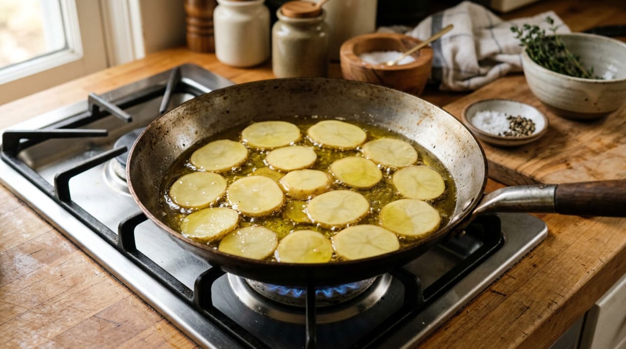 O grande diferencial da omelete espanhola autêntica está na forma como as batatas são preparadas antes de entrar em contato com os ovos.