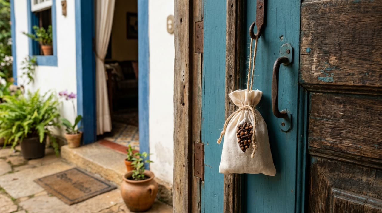 A bolsinha de cravo-da-Índia na porta de entrada costuma ser associada à ideia de proteção e bem-estar
