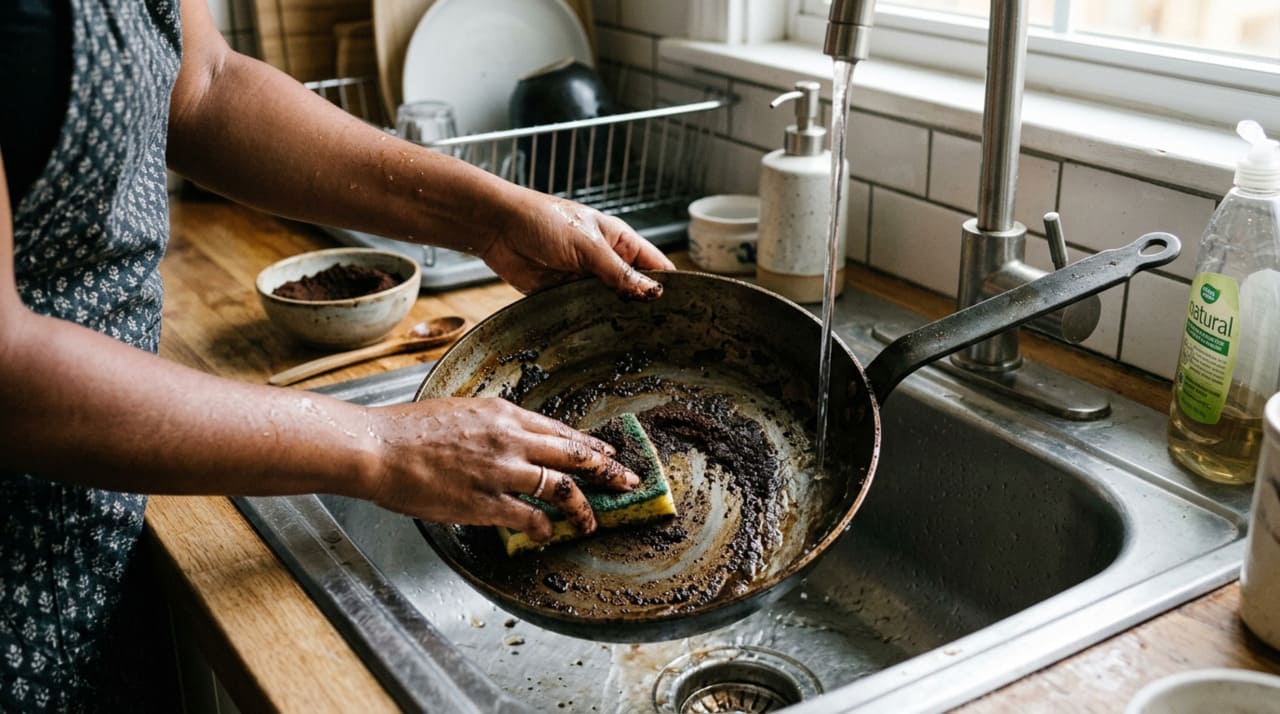 A borra de café tem textura levemente abrasiva, parecida com um esfoliante suave, que ajuda a soltar sujeira grudada sem arranhar tanto quanto uma palha de aço.