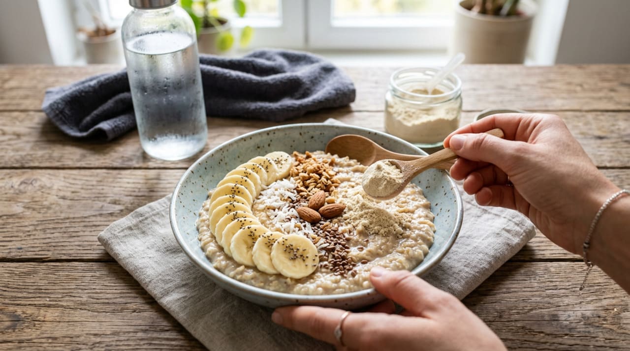 O bowl de proteína com aveia e banana é uma combinação simples que reúne carboidratos de absorção lenta, proteínas de qualidade e gorduras benéficas