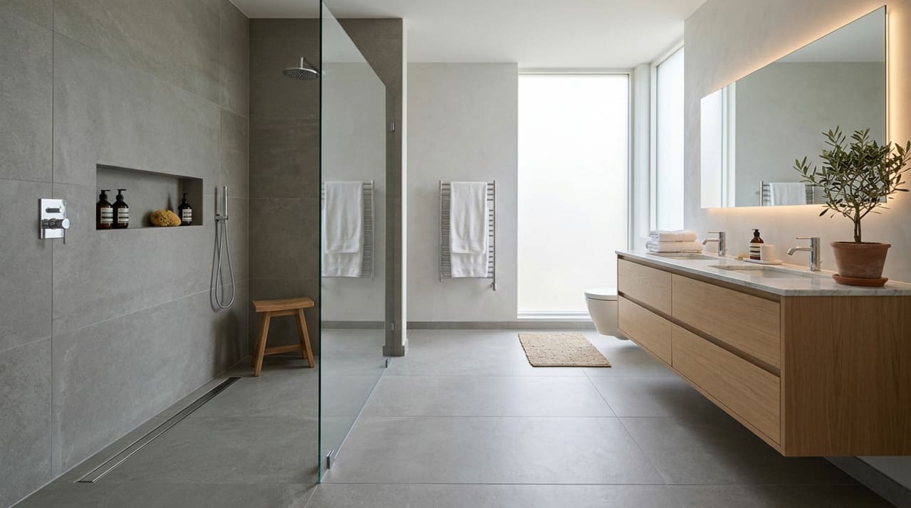 O banheiro parece um cubículo com banheiras ou cabines volumosas