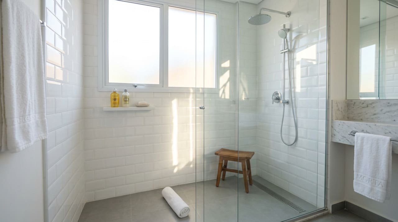 O banheiro perde a beleza com o acúmulo de umidade e minerais