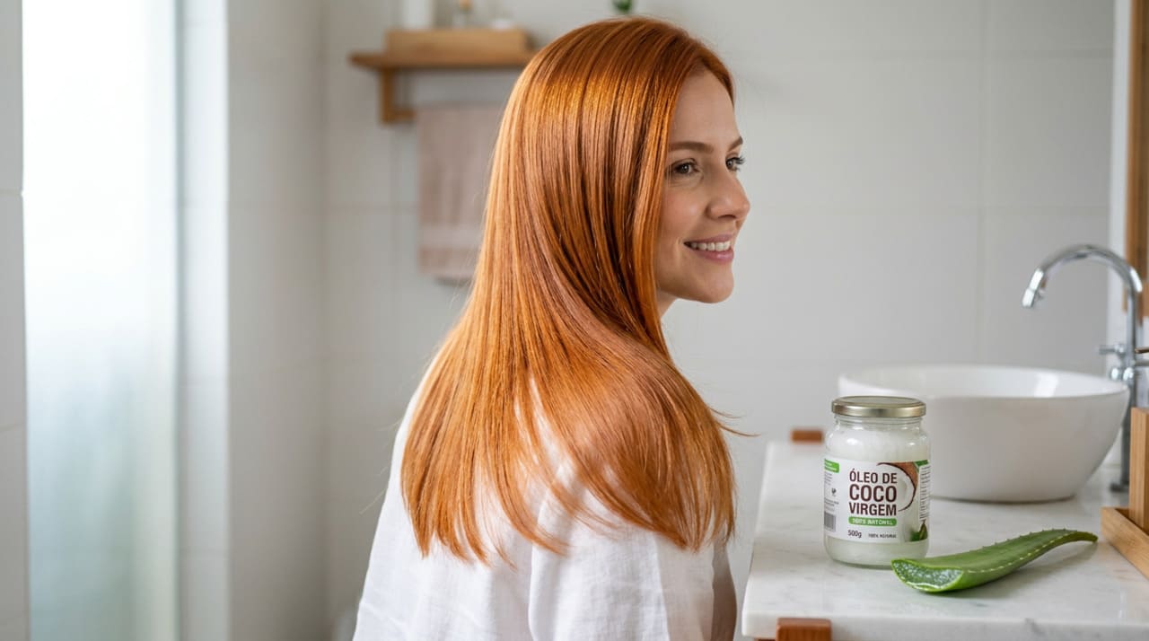 O óleo de coco virgem e prensado a frio para cabelos tingidos ajuda a reduzir o ressecamento e a porosidade causados pela tintura
